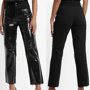 Express Black HIGH WAISTED SEQUIN FRONT RIPPED RAW HEM STRAIGHT ANKLE JEANS 4R